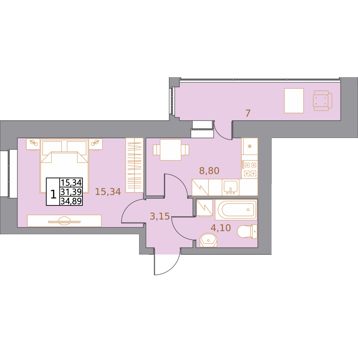 Планировка 1-комнатной квартиры 34,89 м²