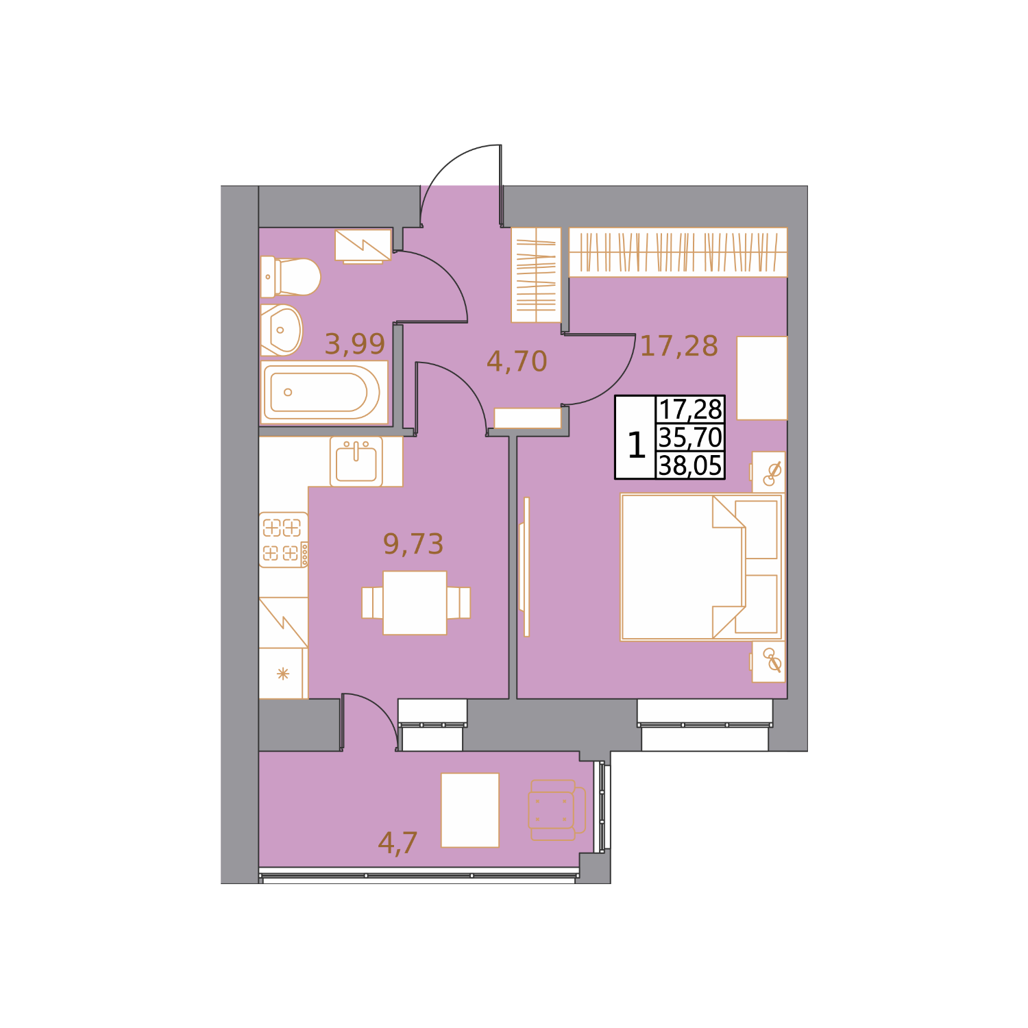 Планировка 1-комнатной квартиры 38,05 м²