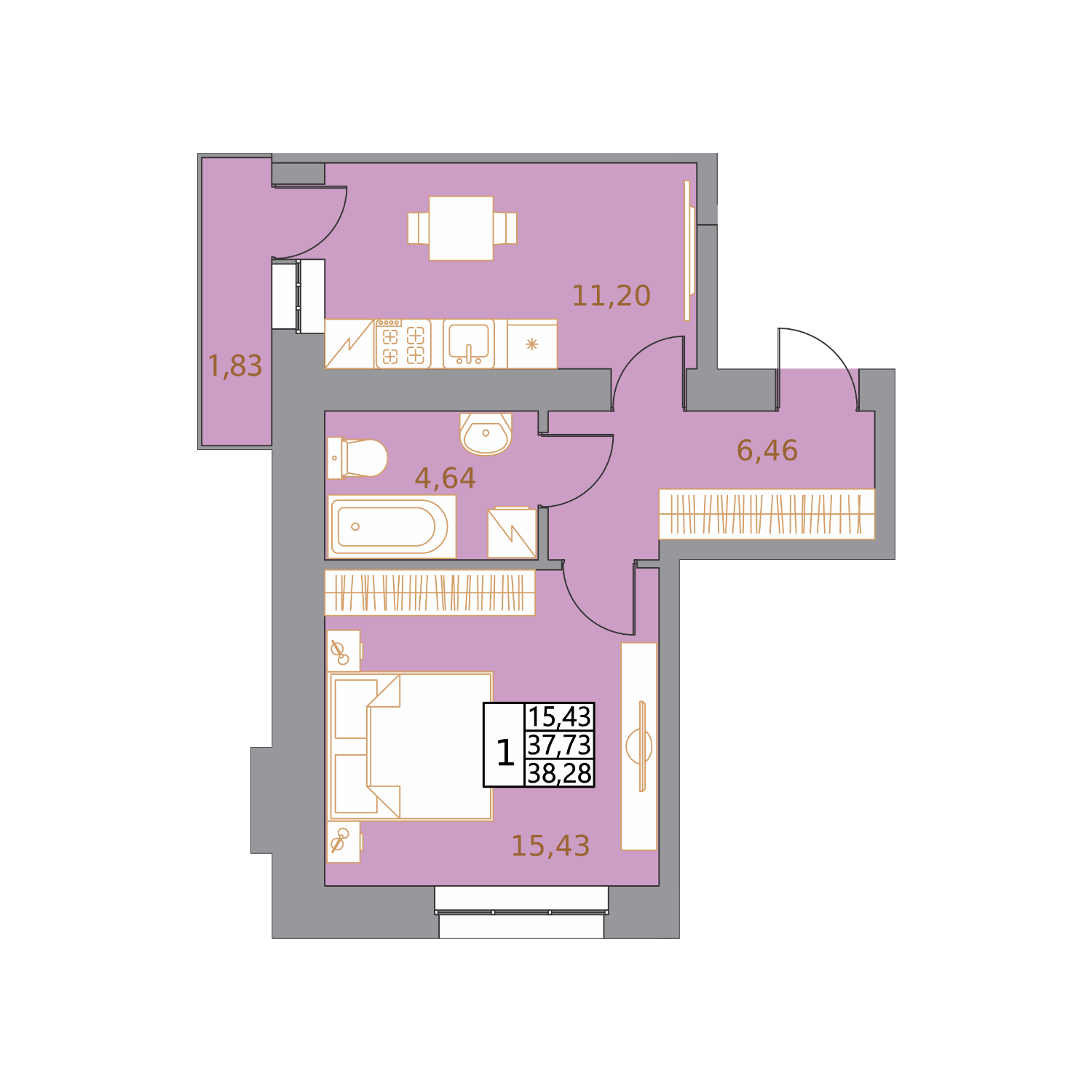 Планировка 1-комнатной квартиры 38,28 м²