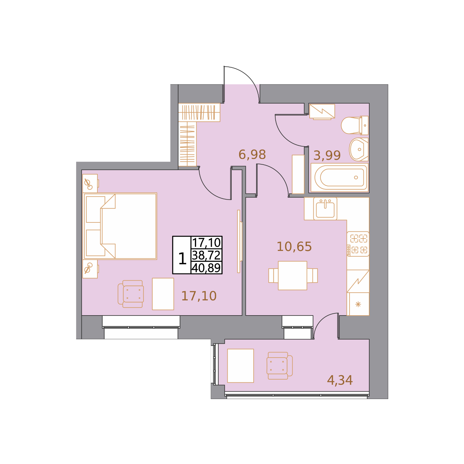 Планировка 1-комнатной квартиры 40,89 м²