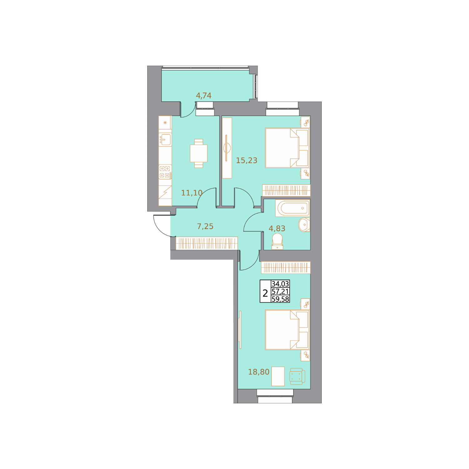 Планировка 2-комнатной квартиры 59,58 м²