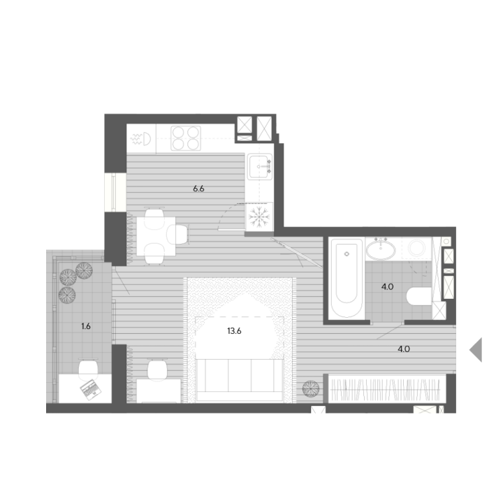 Планировка однокомнатной квартиры 29,8 м²
