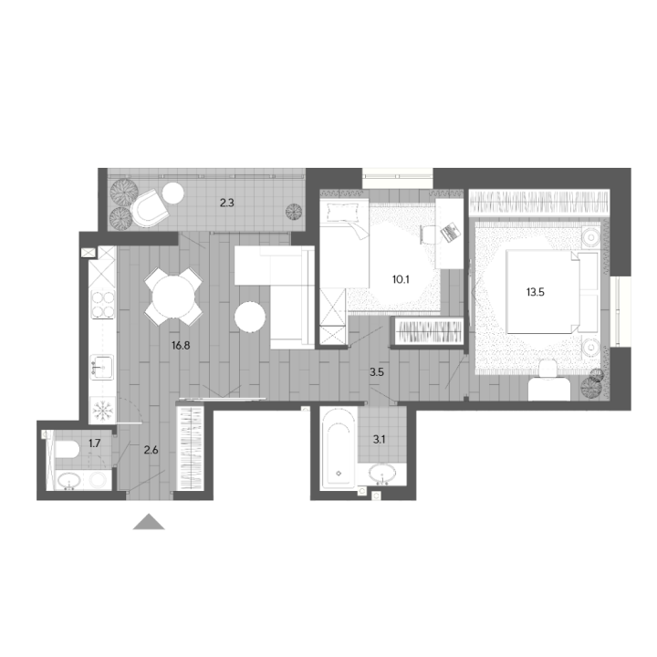 Планировка двухкомнатной квартиры 53,6 м²