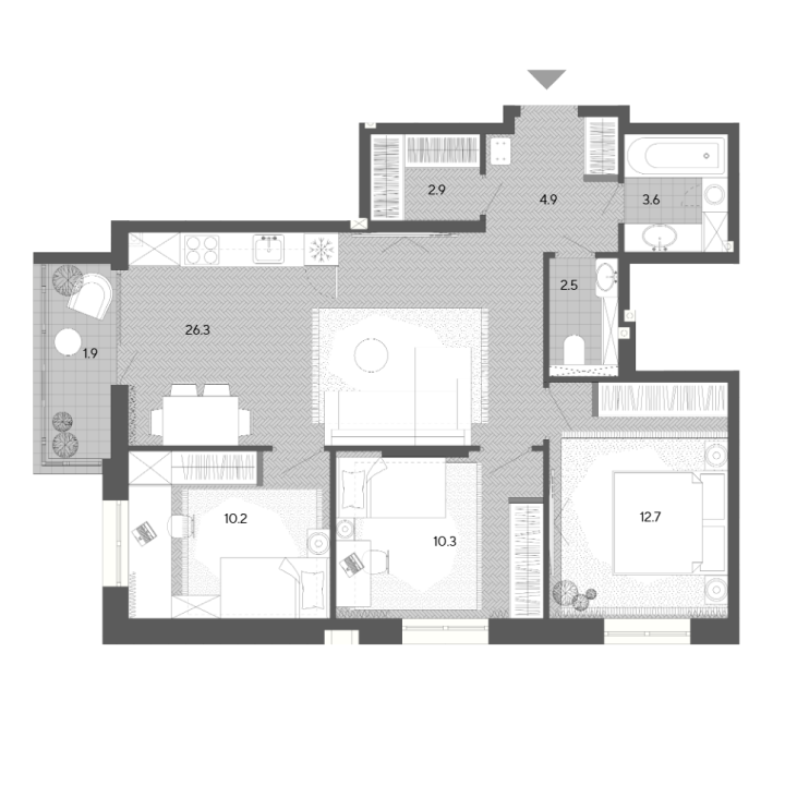 Планировка трехкомнатной квартиры 75,3 м²